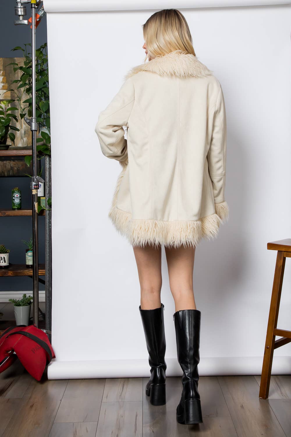 26 International - Shaggy Fur Open Front Mid Length Jacket