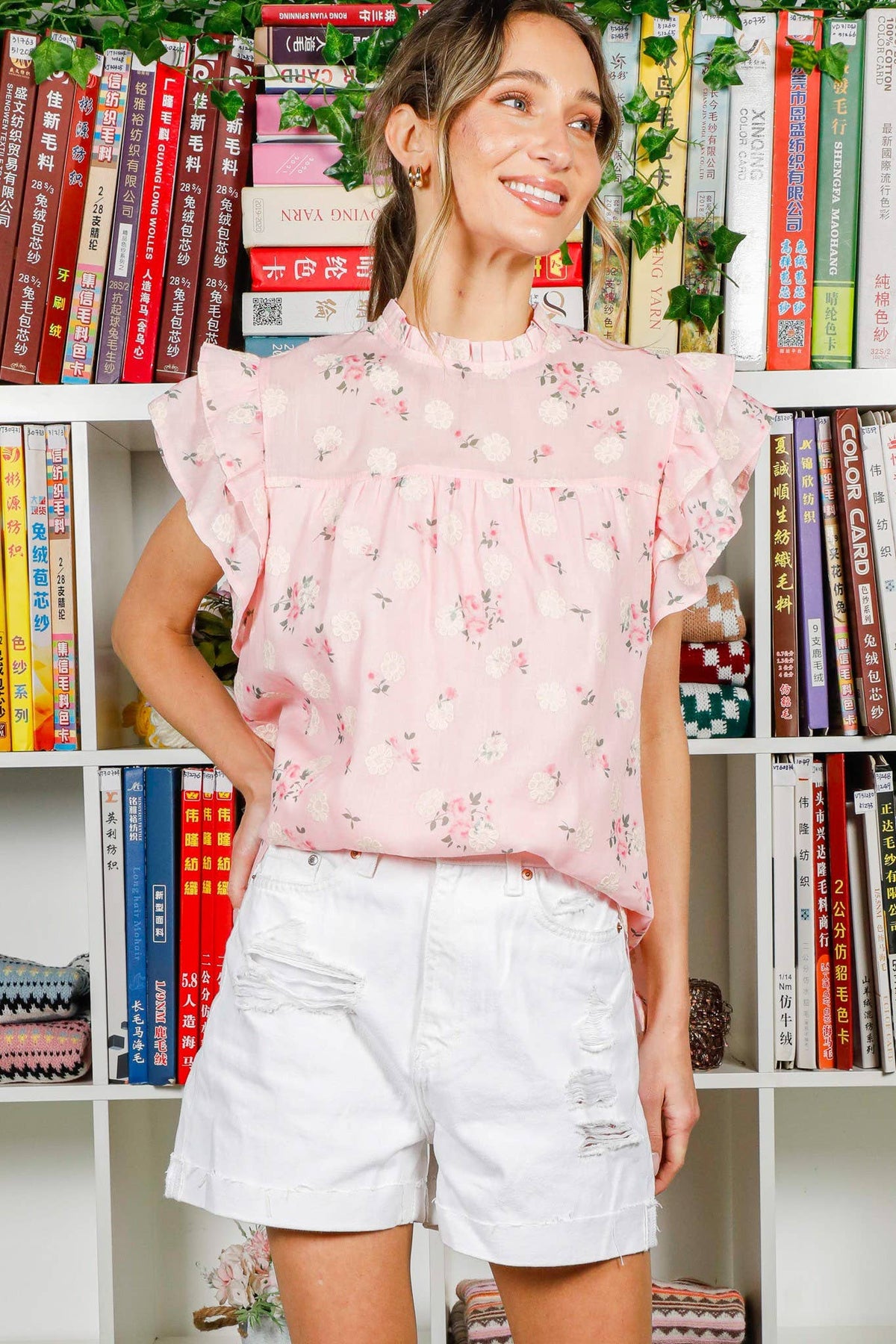 Vine & Love - Floral Embroidered Ruffle Detail Organza Blouse Top VT82257