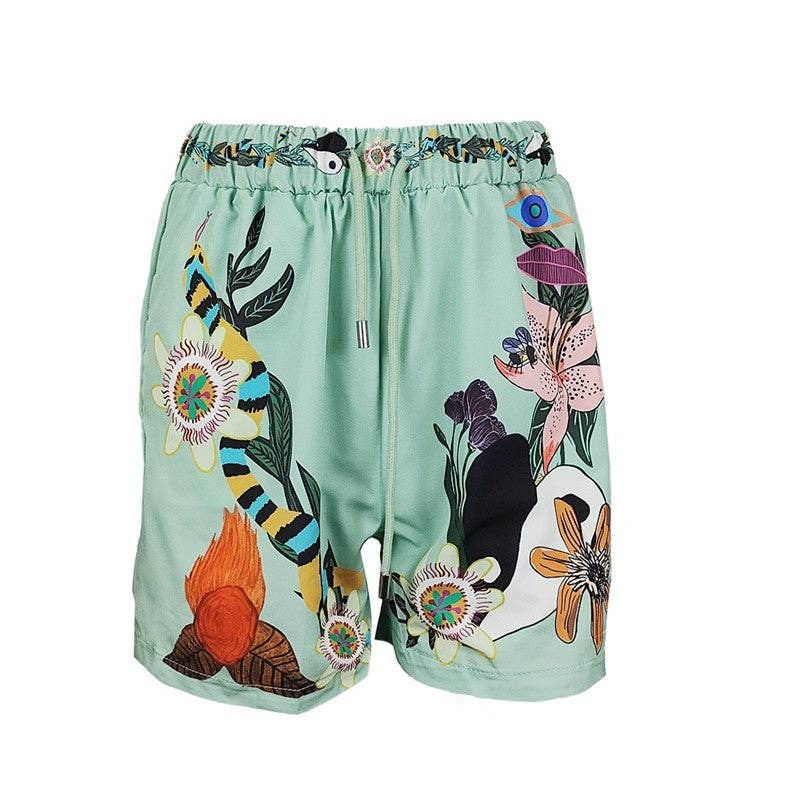 Relaxed Fit Printed Short Sleeve Shirt And Shorts Set: GREEN / XL