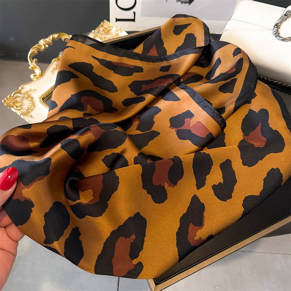 ACCITY - Leopard Print Satin Square Scarf, Hair Wrap_CWASC1425