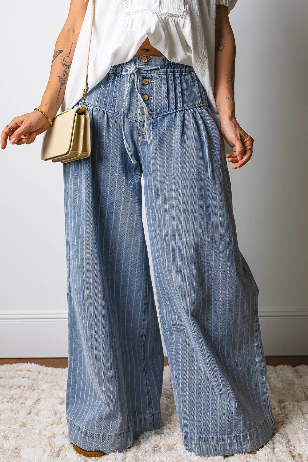 66DISCO - Button Pleated Drawstring Waist Casual Wide Leg Jeans