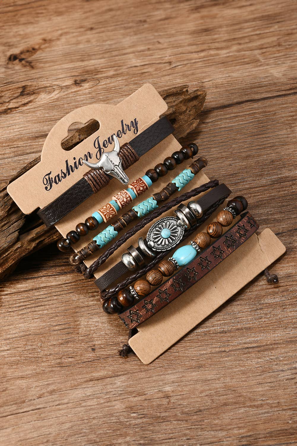 Lovesoft - Chestnut 6 Piece Western Bull Skull Turquoise Beading Bracelet