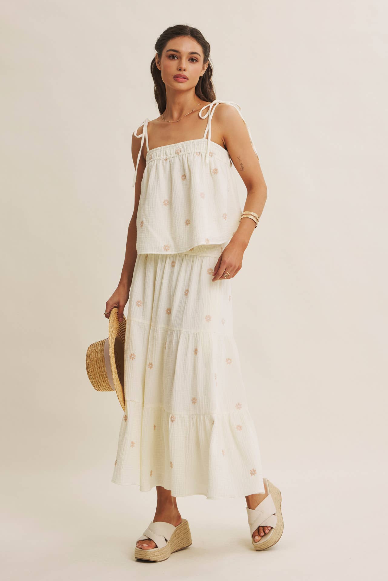 in february - SUNSET FIELD EMBROIDERED COTTON GAUZE SMOCKED MIDI SKIRTS