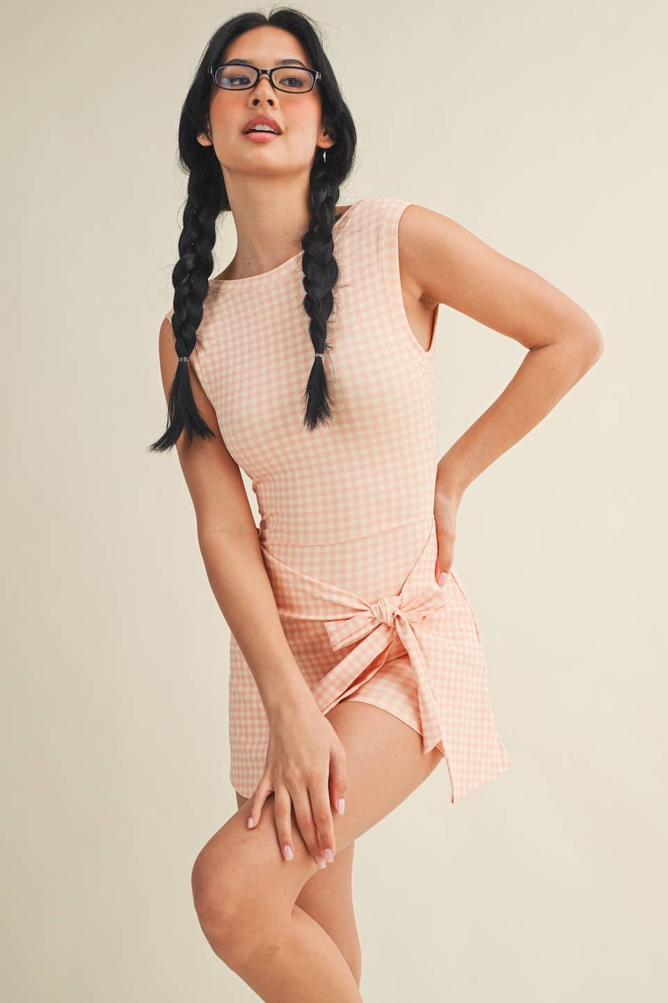 KIMBERLY C - Gingham Print Sleeveless Wrap Tie Front Dress : Black Gingham / L