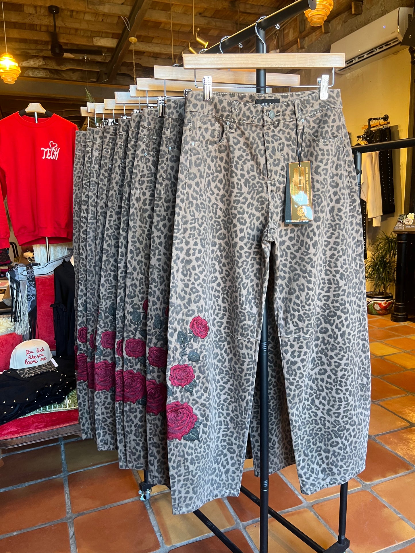 Rose Embroidered Leopard Barrel Jeans