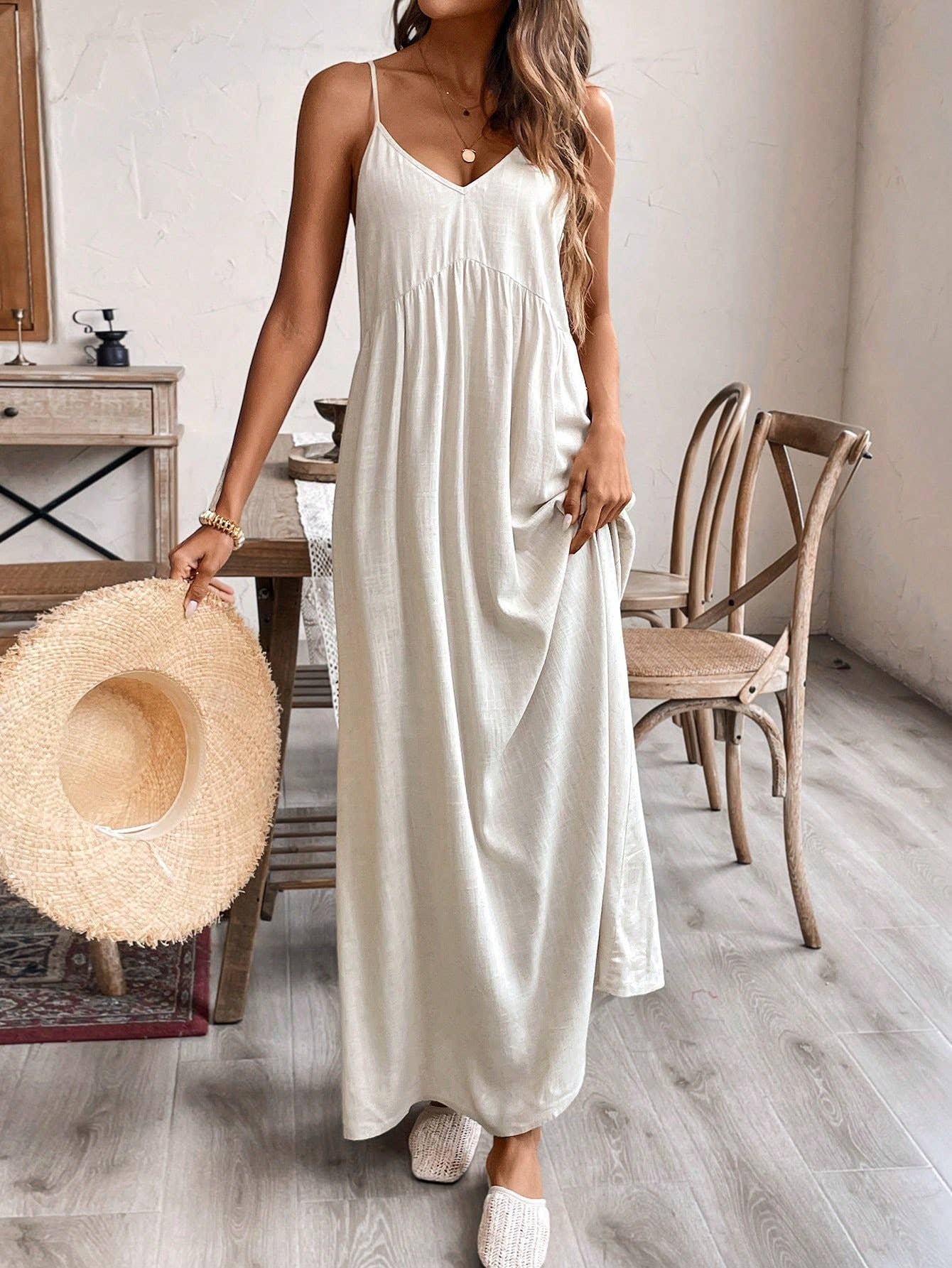 Linen blend Scoop Neck Cami dress with bow tie at back: Beige
