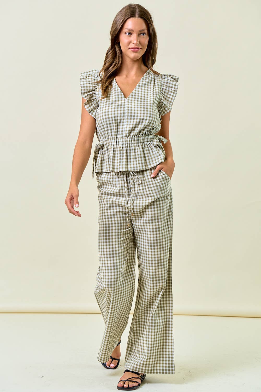 GINGHAM RUFFLE PEPLUM TOP W/ SIDE TIE