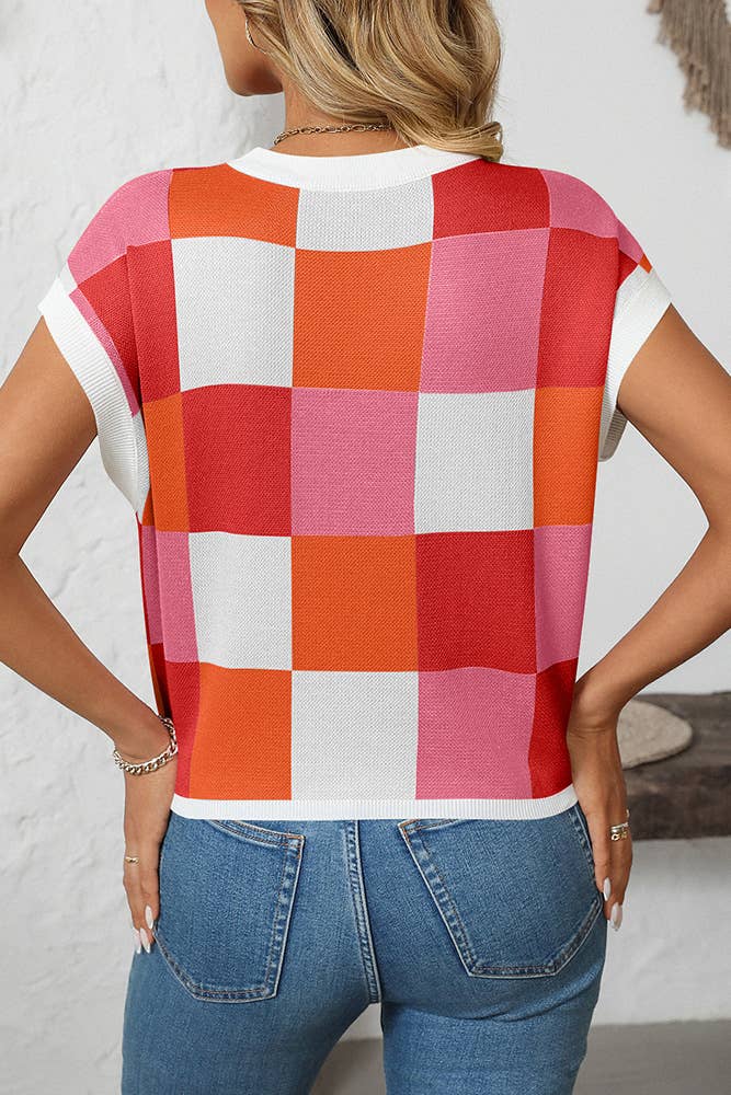 UNISHE - Cropped Color Block Crewneck Knit Checkerboard Sweater MD167