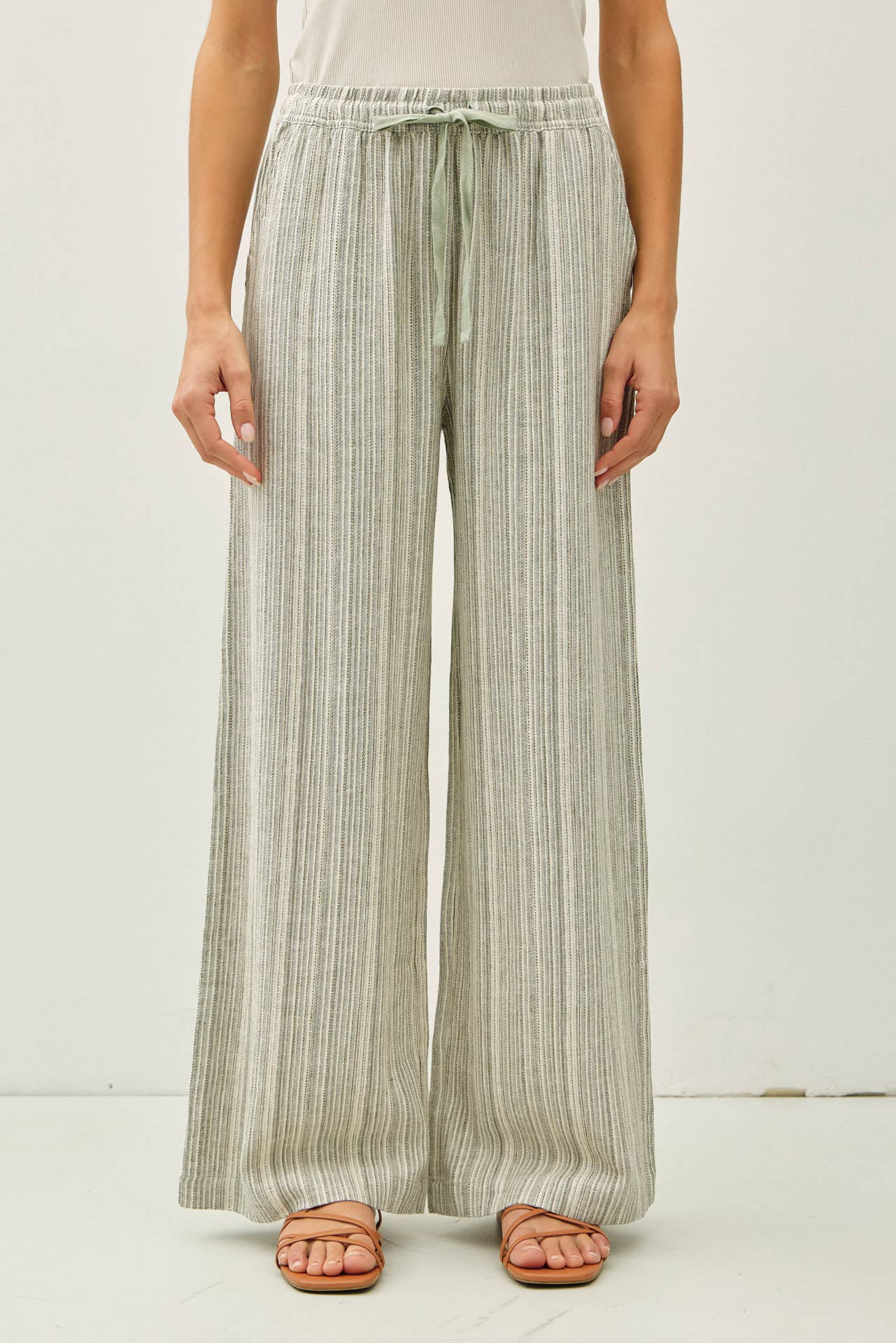 STRIPED LINEN WIDE LEG PANTS