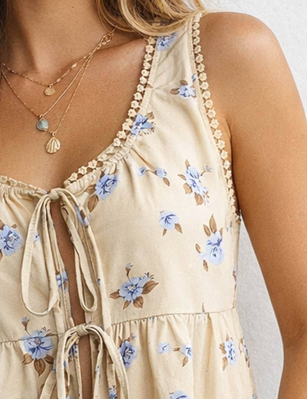 Sweetkama - Ladies Boho Floral Print Tie Front Scoop Neck Sleeveless Top