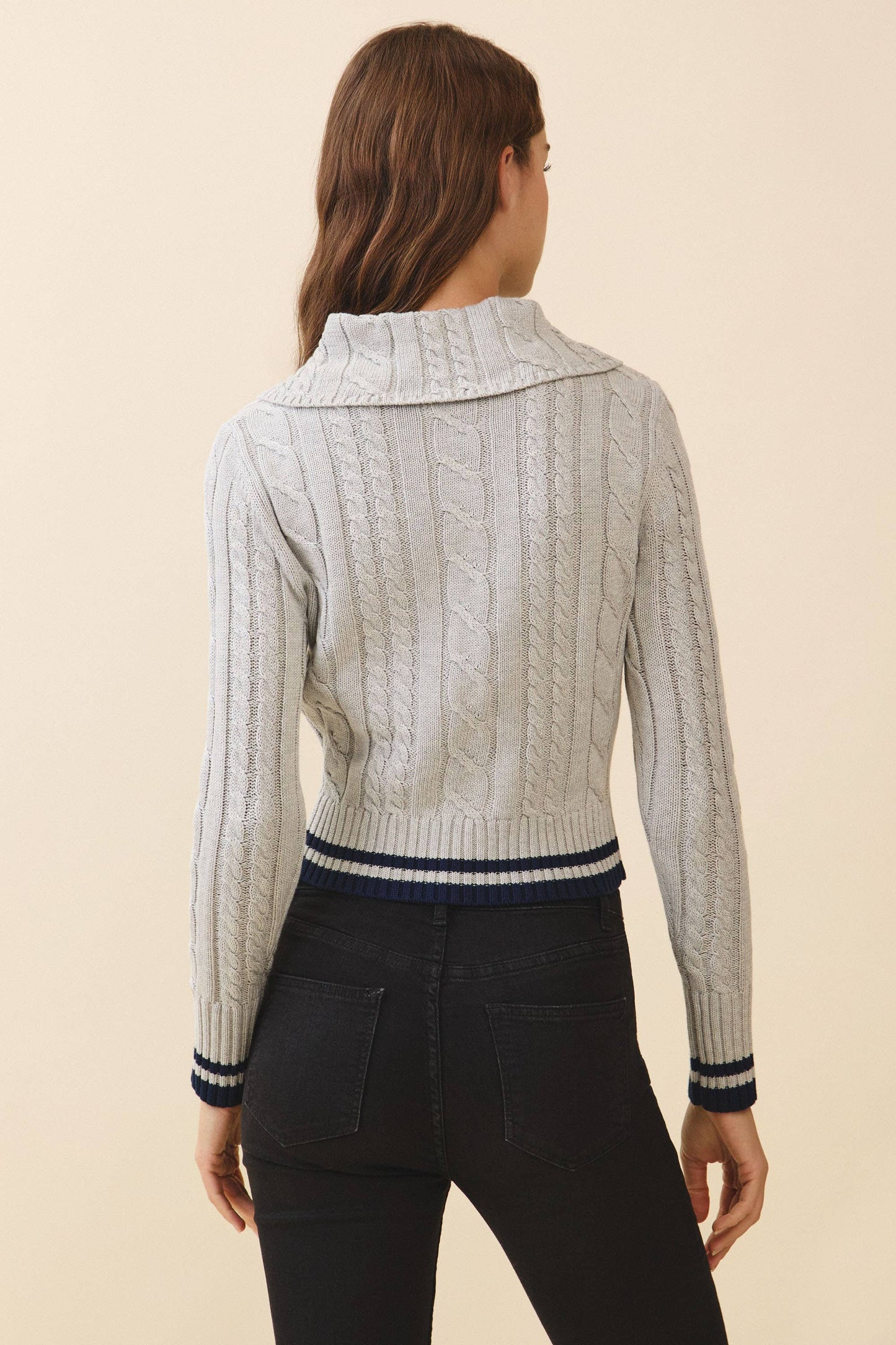 TCEC - CW2632-Contrast Striped Trim Cable knit Sweater top