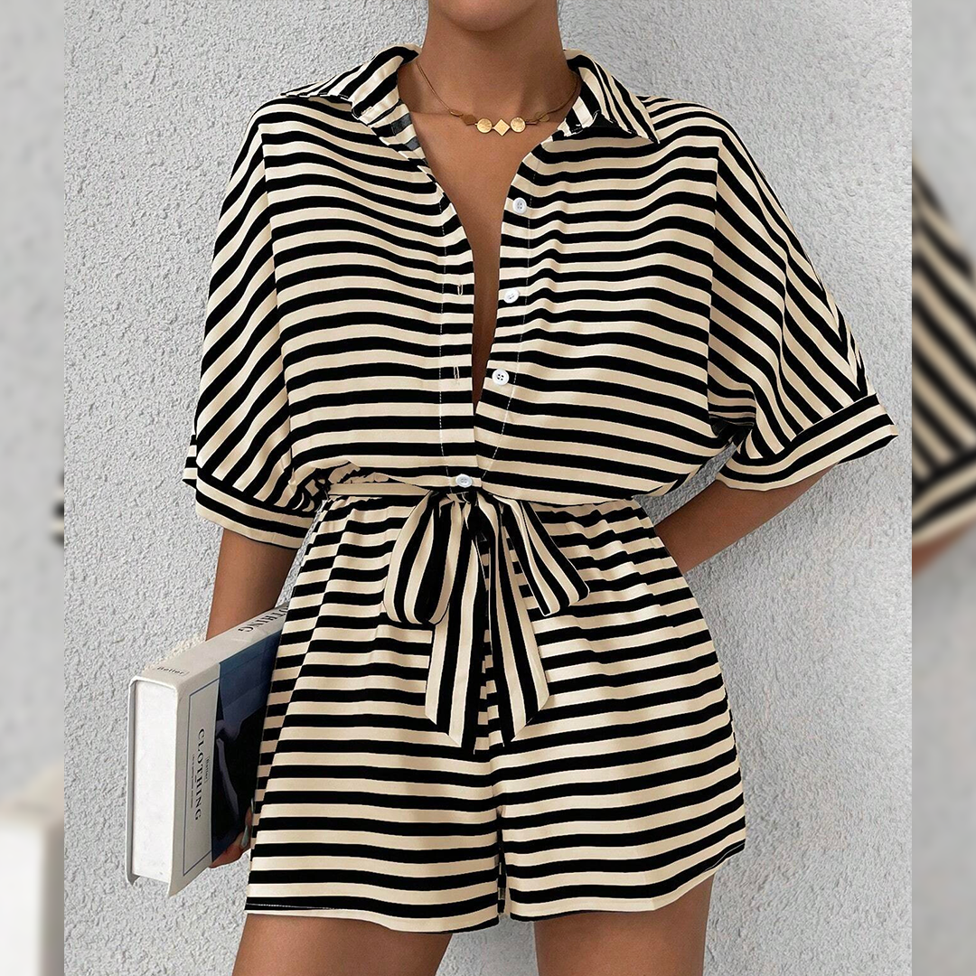 Summer Striped Lapel Button-Up Belted Shorts Romper AXR129: Red / L