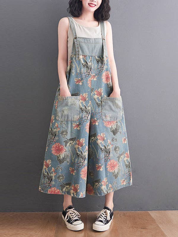 Oversize Wide Leg Floral Printed Split-Joint Overalls: DEEP BLUE / XL
