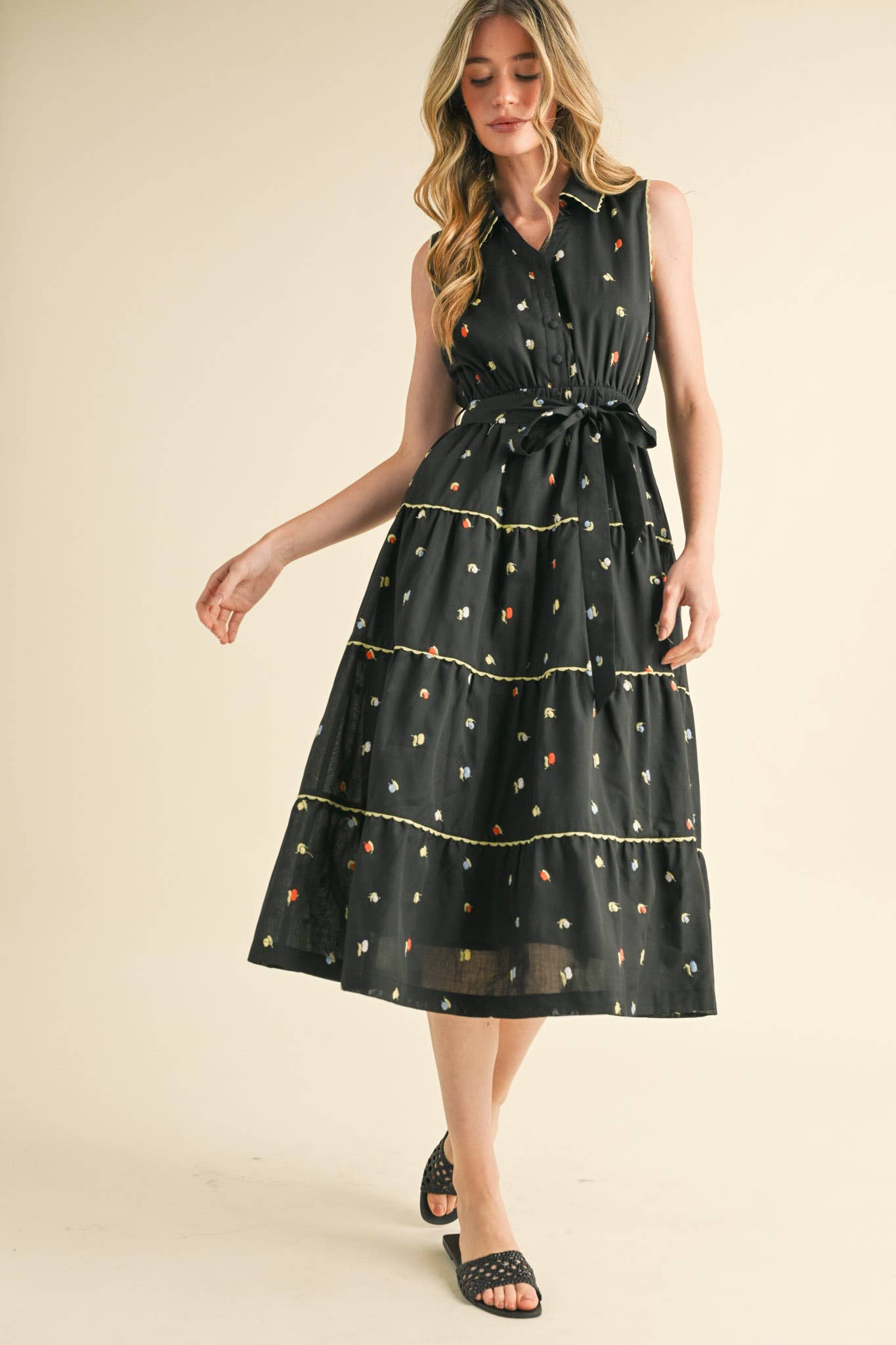 &MERCI - BUTTON DOWN EMBROIDERED MIDI DRESS MDR3592: Black Multi / M