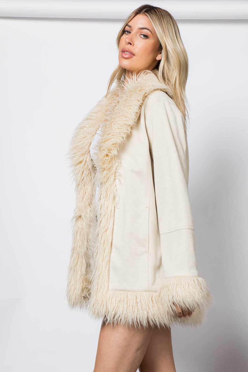 26 International - Shaggy Fur Open Front Mid Length Jacket