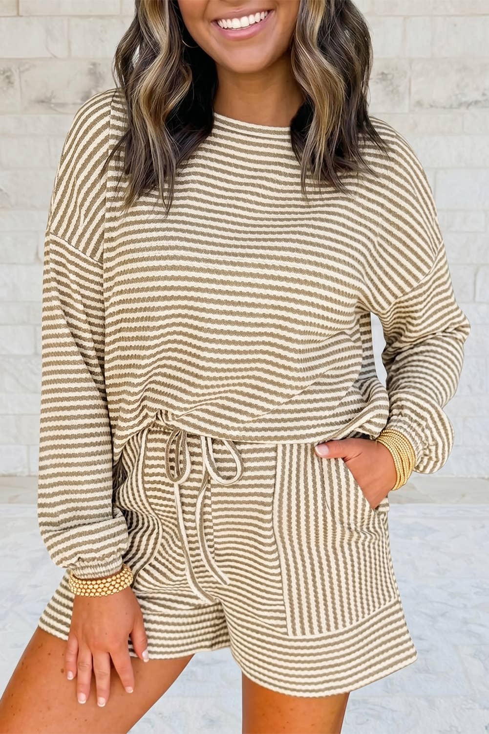 1 the Woman - Striped Textured Knit Top and Short 2pc Sets