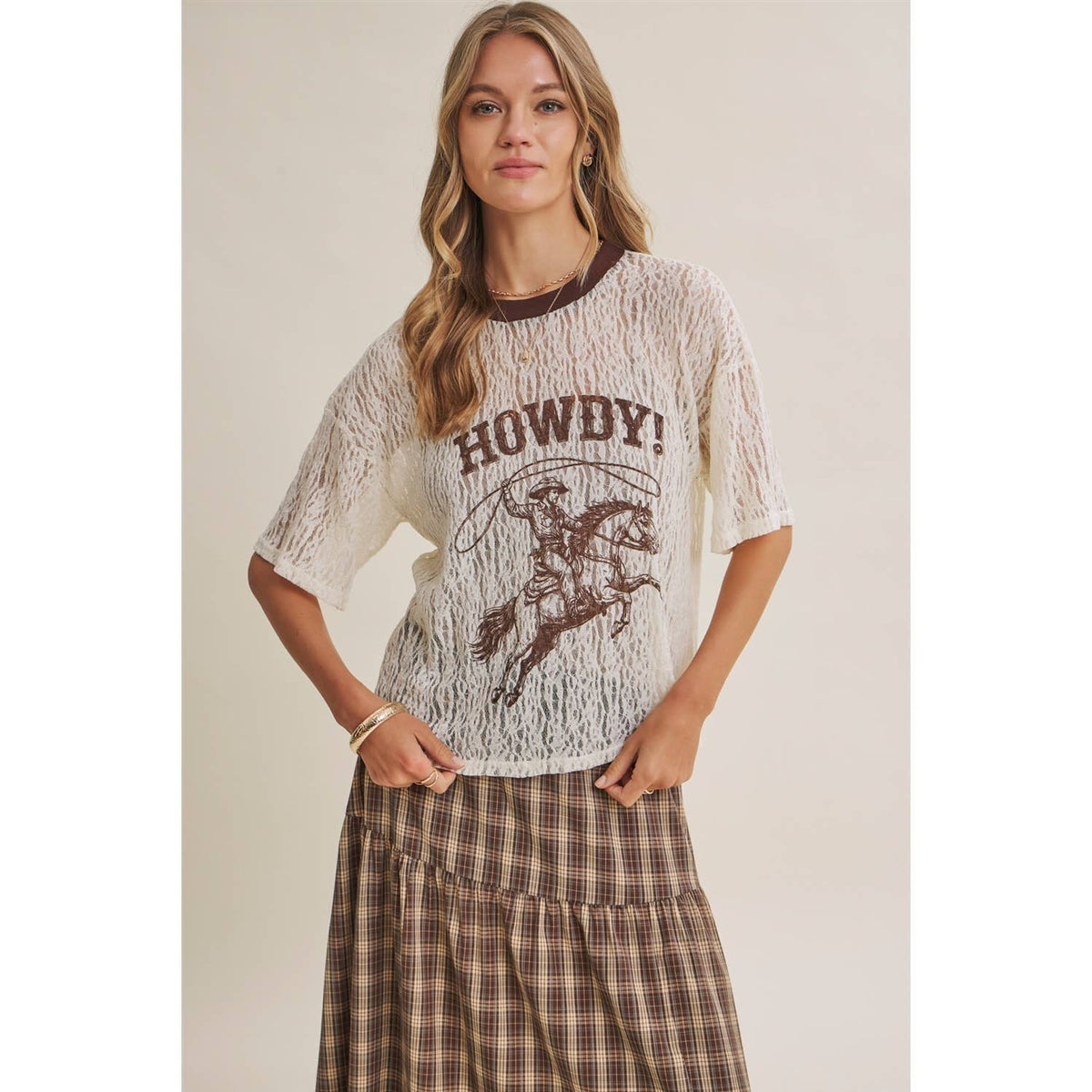 in february - WESTERN INSPIRED HOWDY COWBOY GRAPHIC SHEER LACE TOP