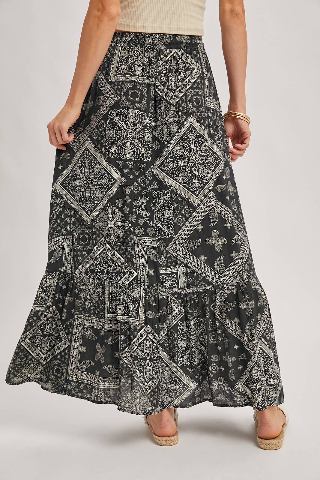 Bluivy - BOHO PRINT TIERED BUTTON DOWN FRONT MAXI SKIRT