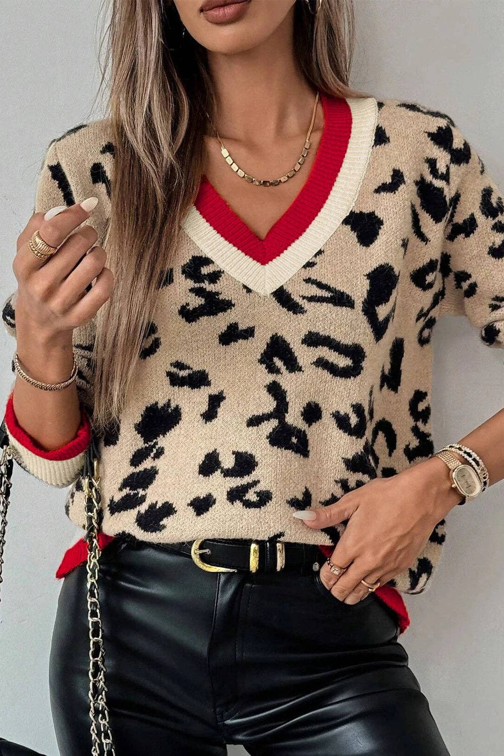 Lovesoft - Khaki Leopard Pattern V-Neck Knitted Sweater