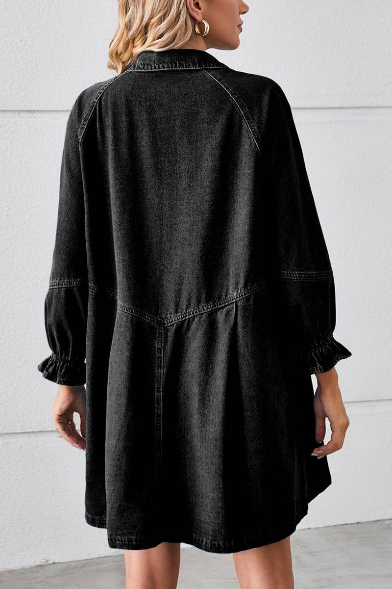 Lily Clothing - Loose wash long sleeve denim single breasted short dress