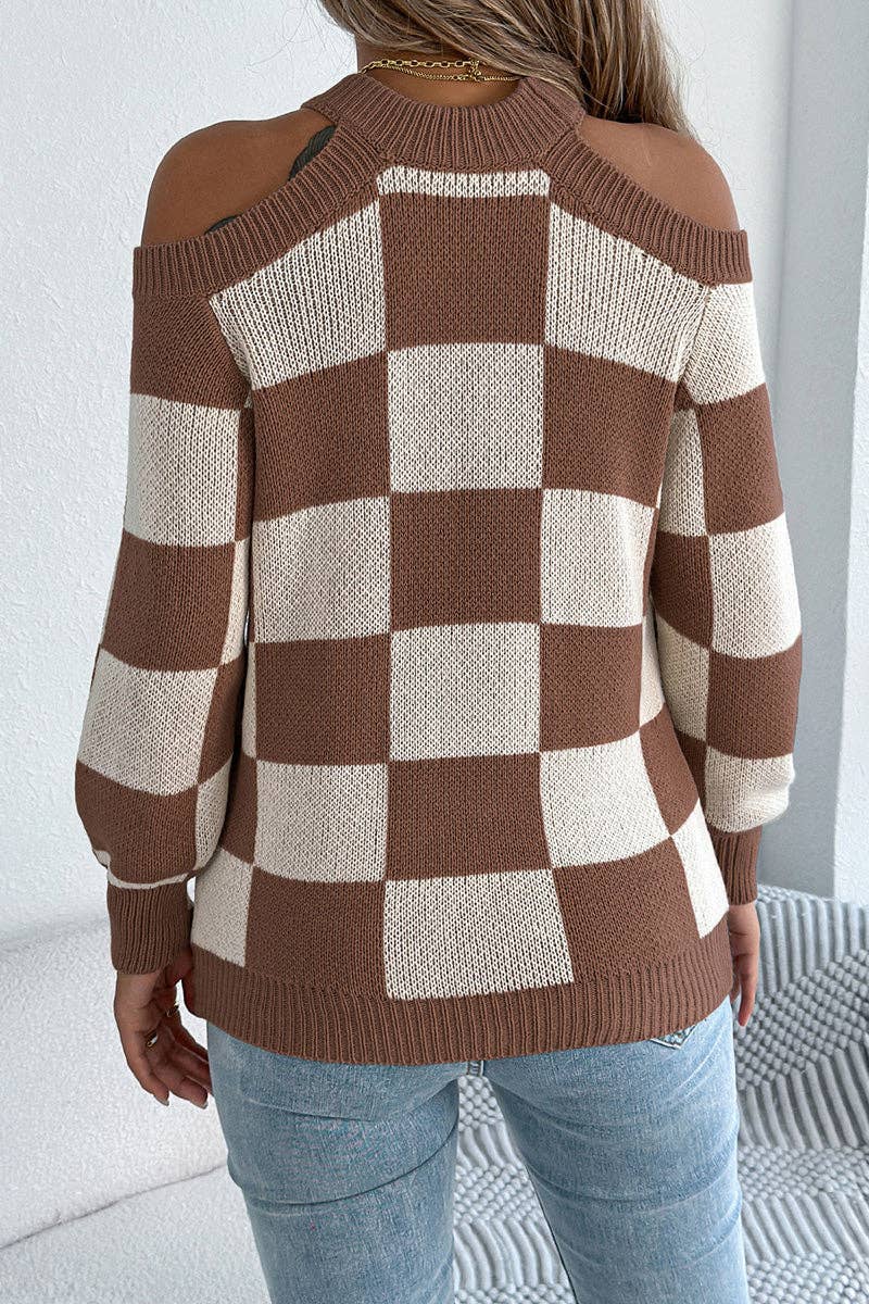 Mccolin - Chic Cutout Checkerboard Sweater