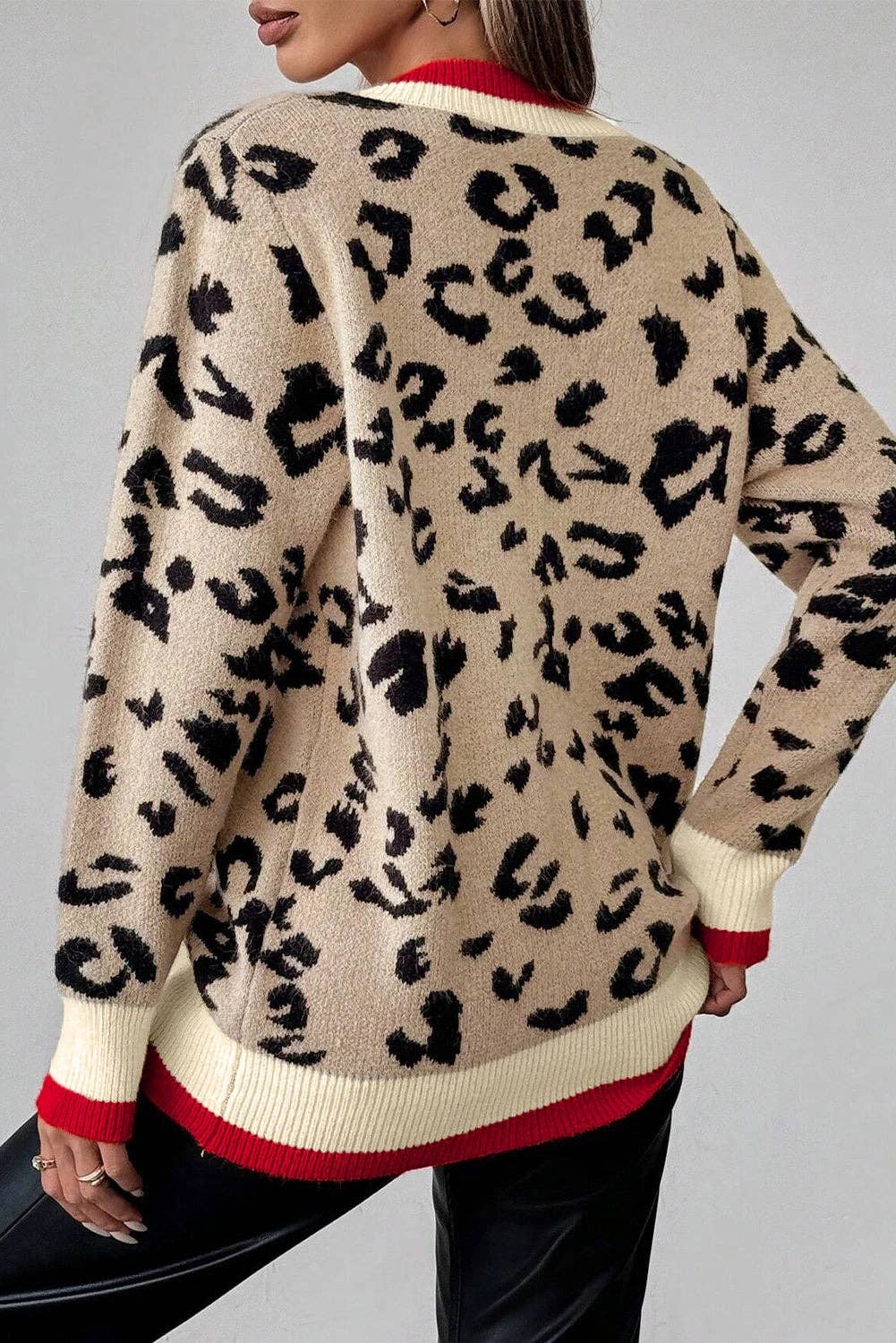 Lovesoft - Khaki Leopard Pattern V-Neck Knitted Sweater