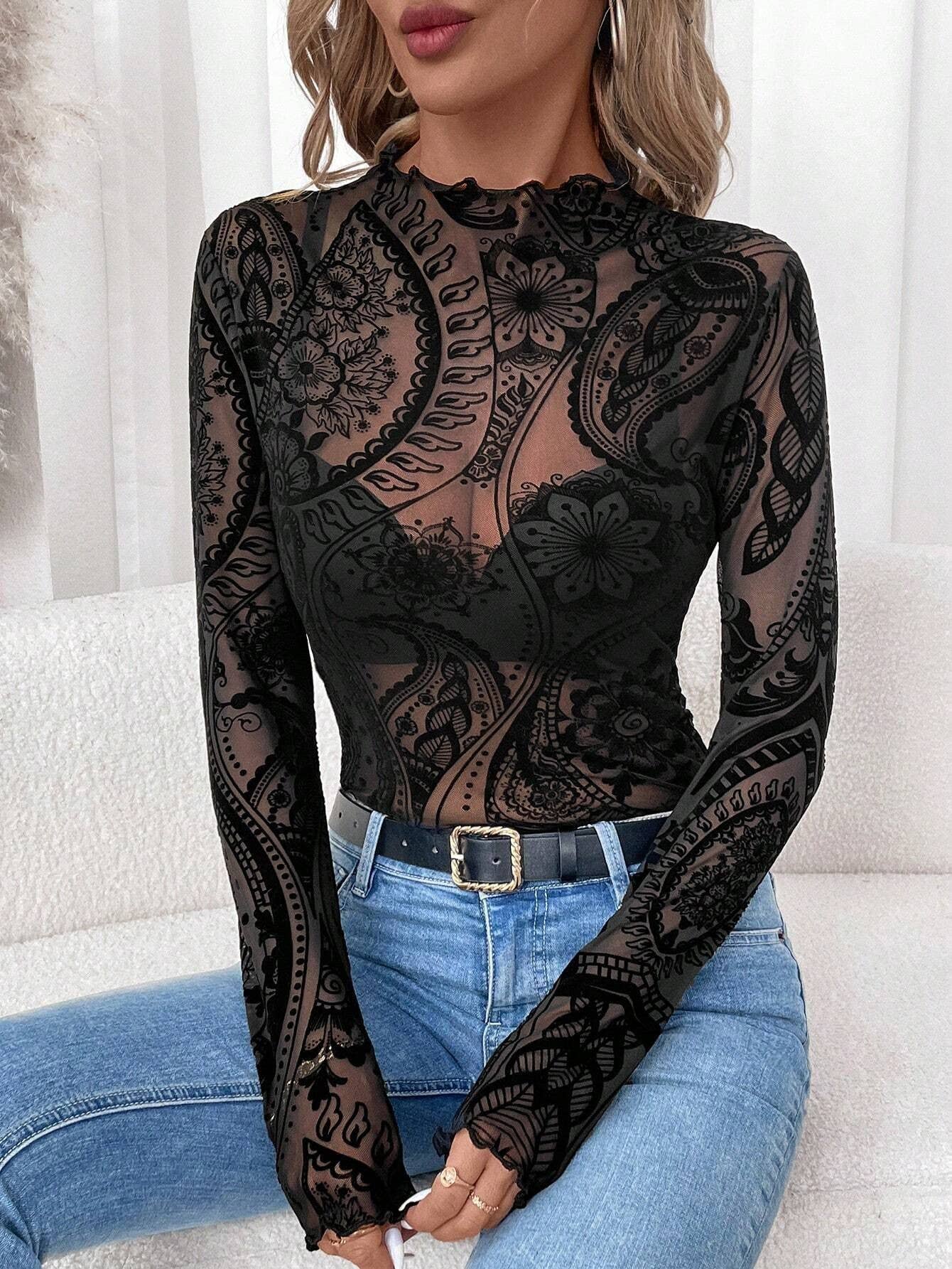 Hope & Sunshine - Paisley Velvet Print Mesh Top