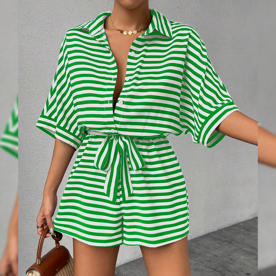 Summer Striped Lapel Button-Up Belted Shorts Romper AXR129: Red / L