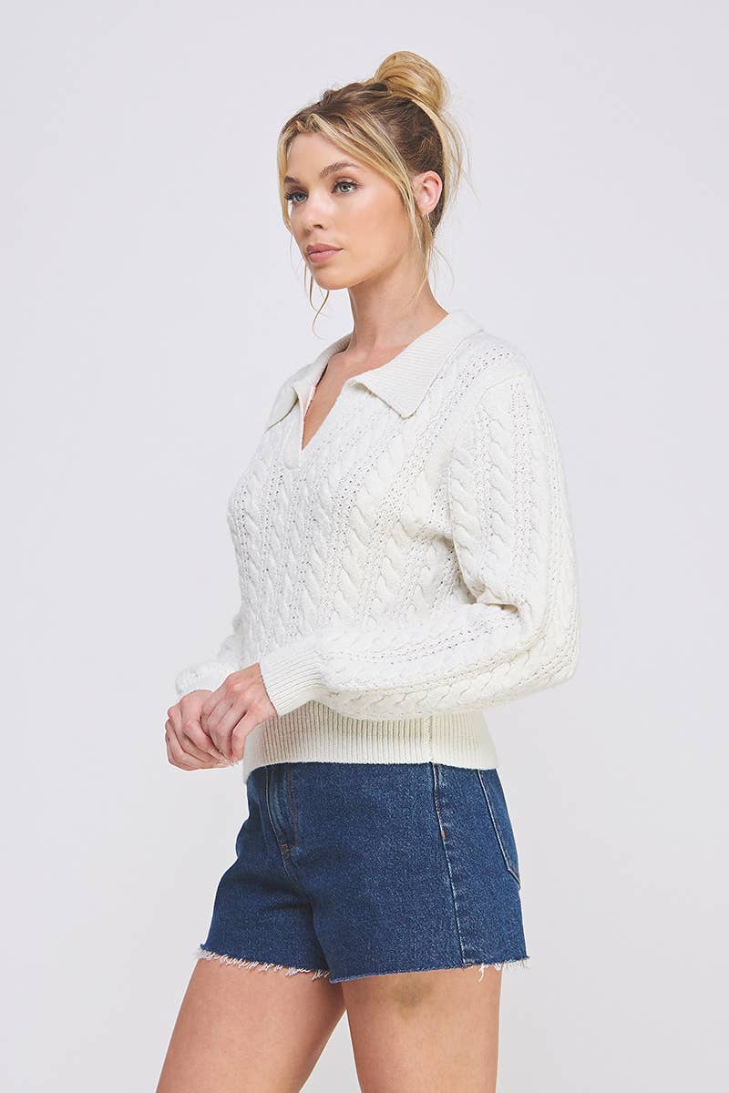 Grey Cable Knit Johnny Collar Pullover