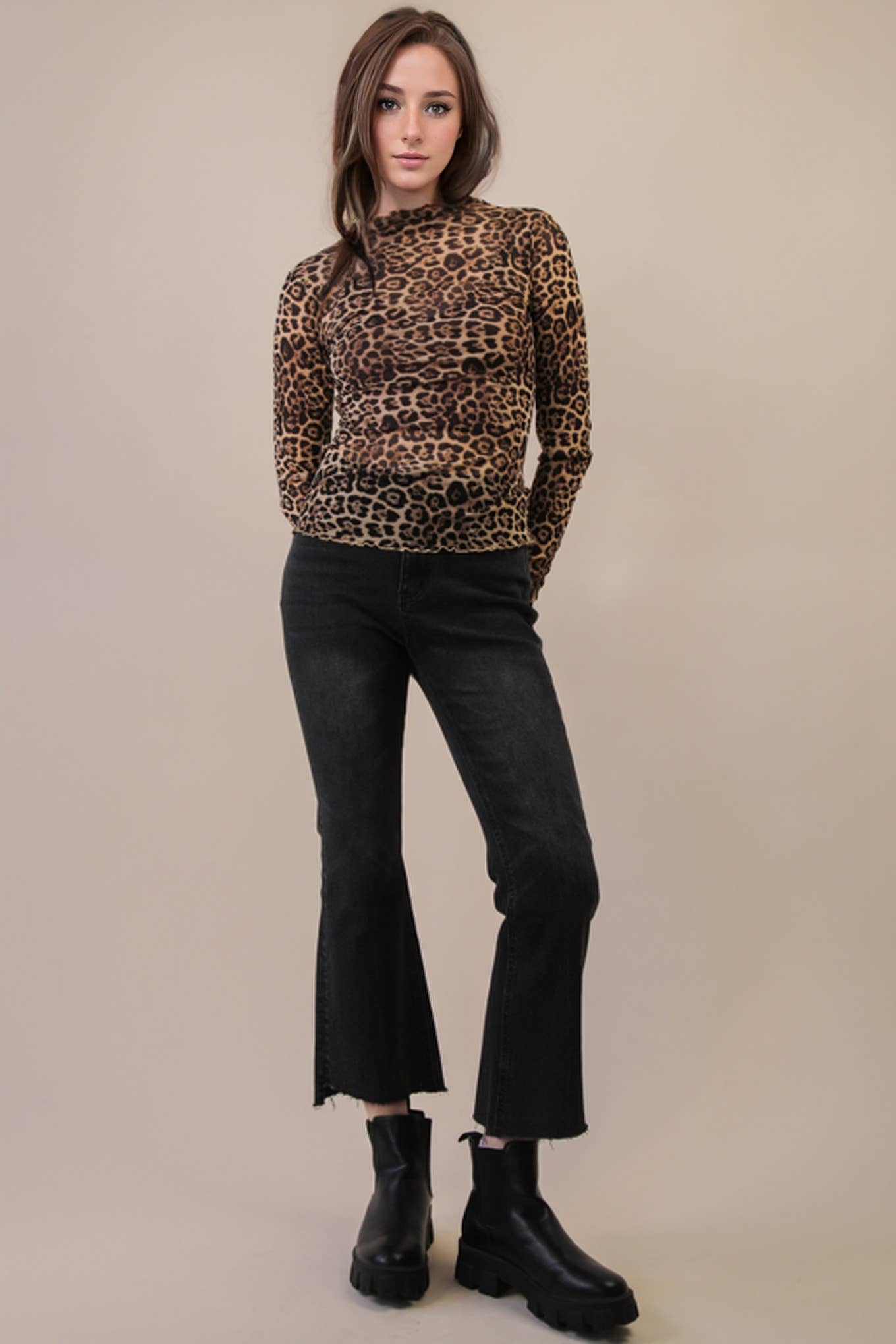 VERY J - NT12220-High Neck Fitted Sheer Mesh Lace Knit Top