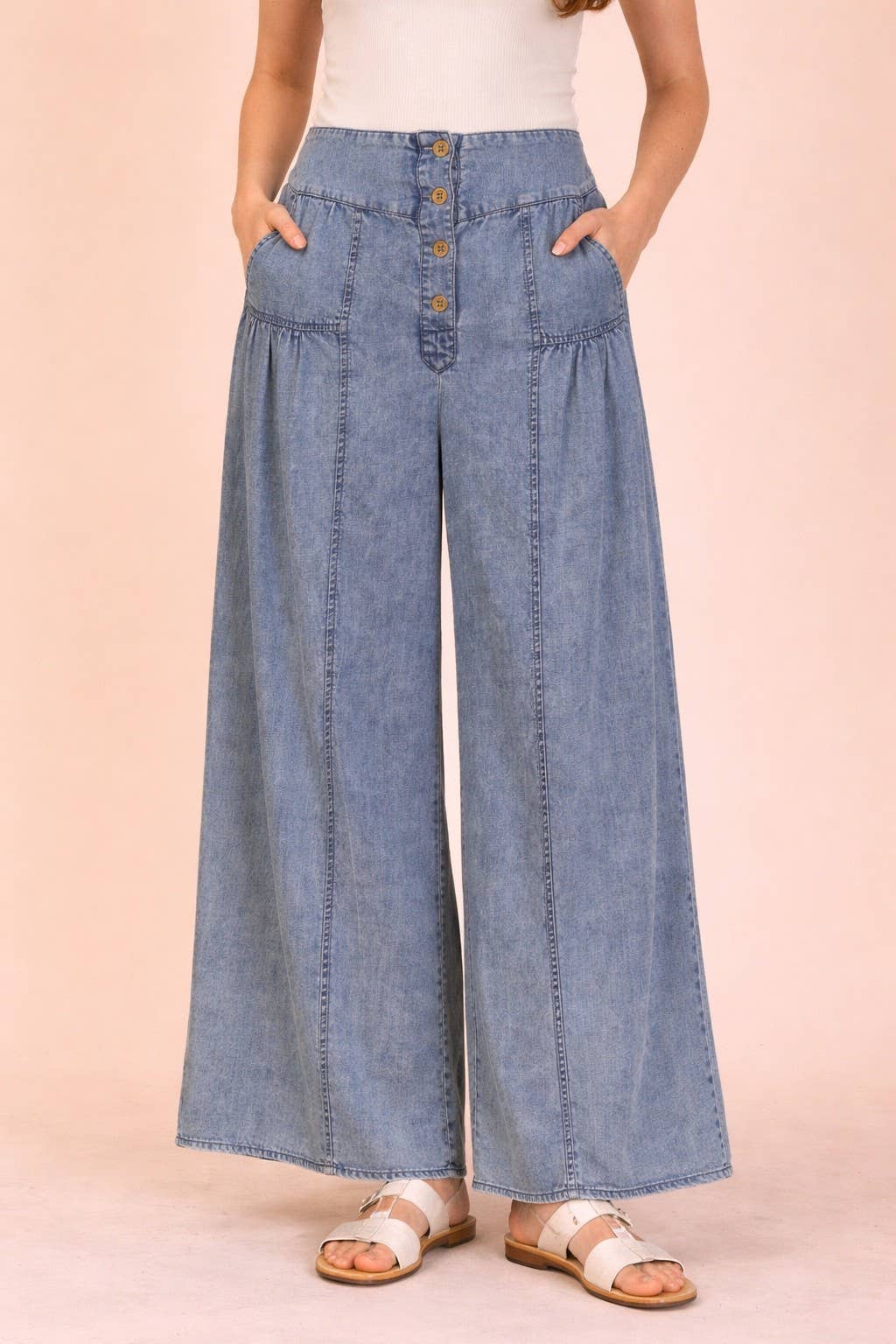 VERY J - NP70935X-PLUS SIZE Mineral Washed Chambray Wide Pants