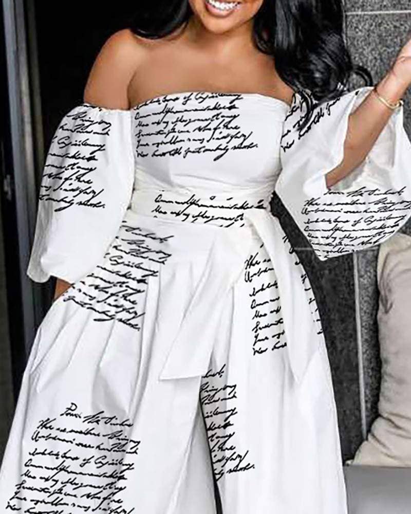 Queen Fashion - Off shoulder lantern sleeve wide leg jumpsuit
