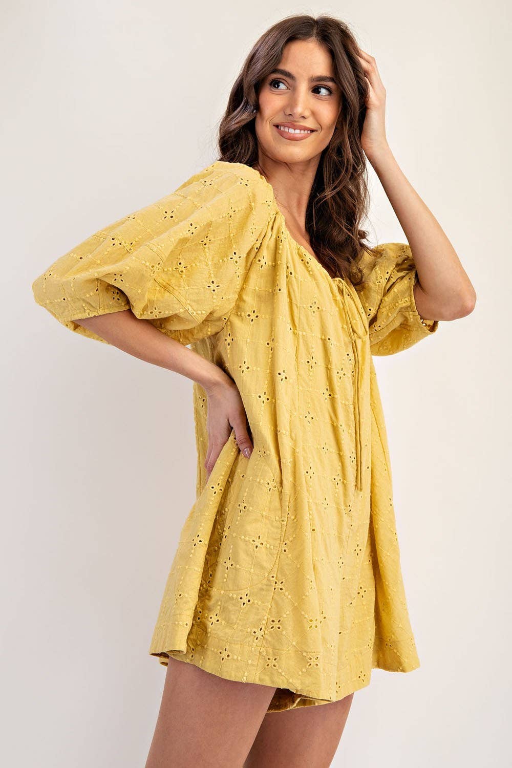 PL6371 - EYELET PUFF SLEEVE ROMPER: MUSTARD