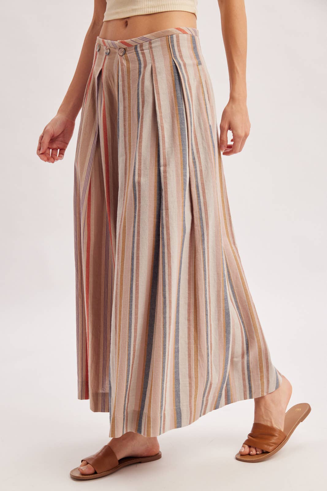 Bluivy - MULTI-STRIPE PLEATED FRONT WIDE-LEG PANTS