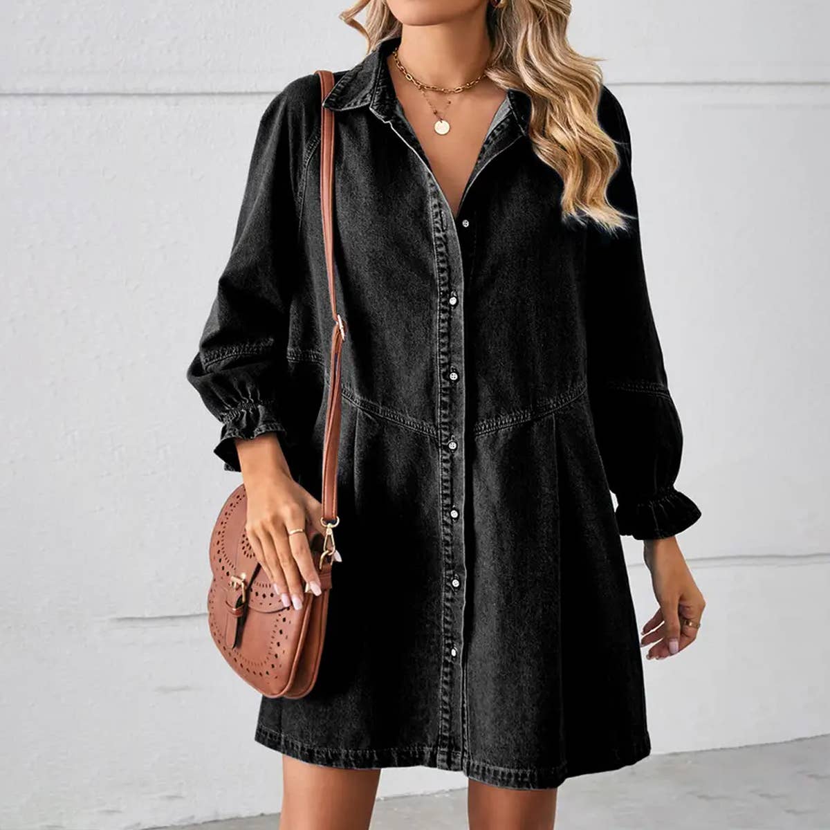 Lily Clothing - Loose wash long sleeve denim single breasted short dress
