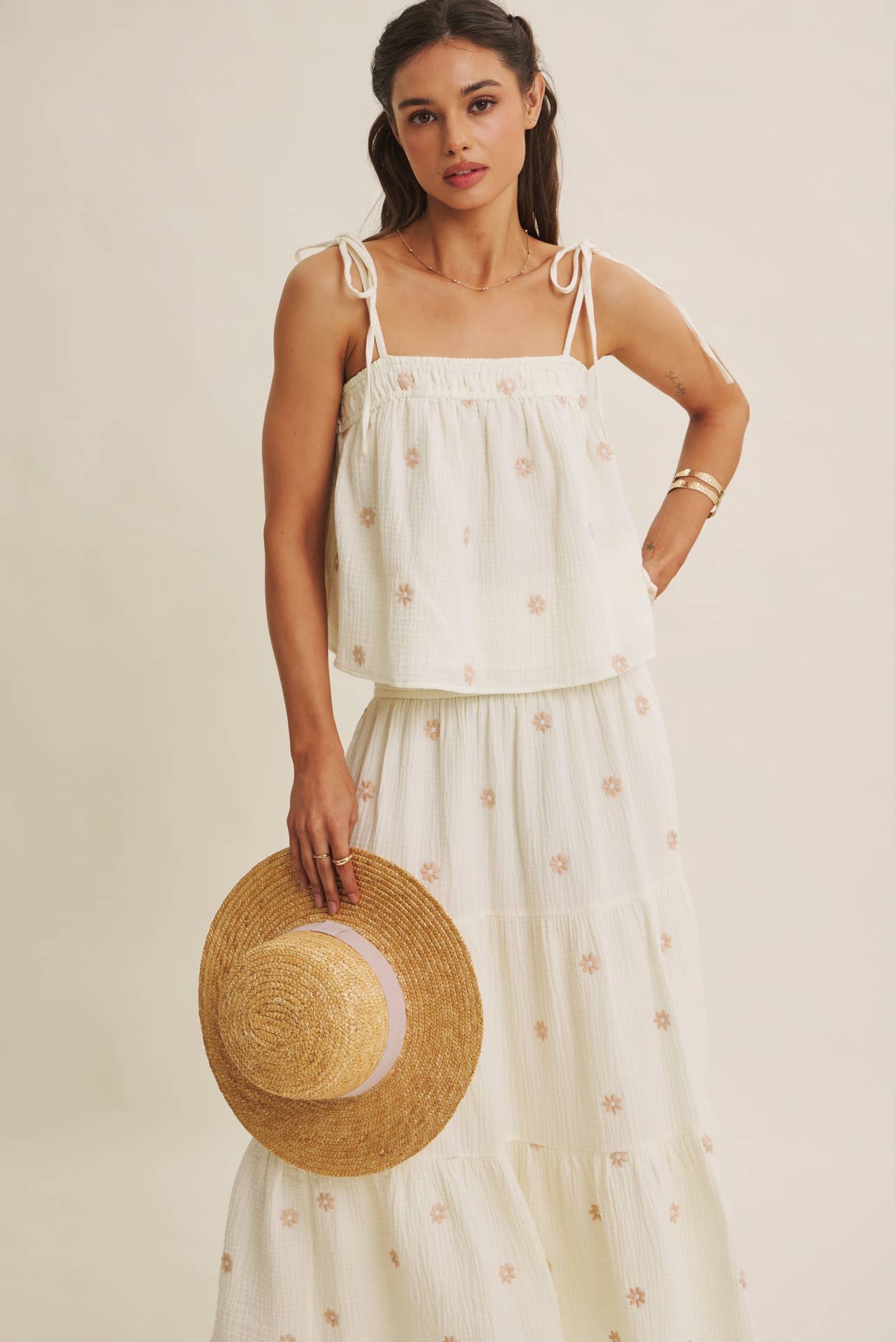 in february - SUNSET FIELD EMBROIDERED COTTON GAUZE TANK WITH TIE STRAPS