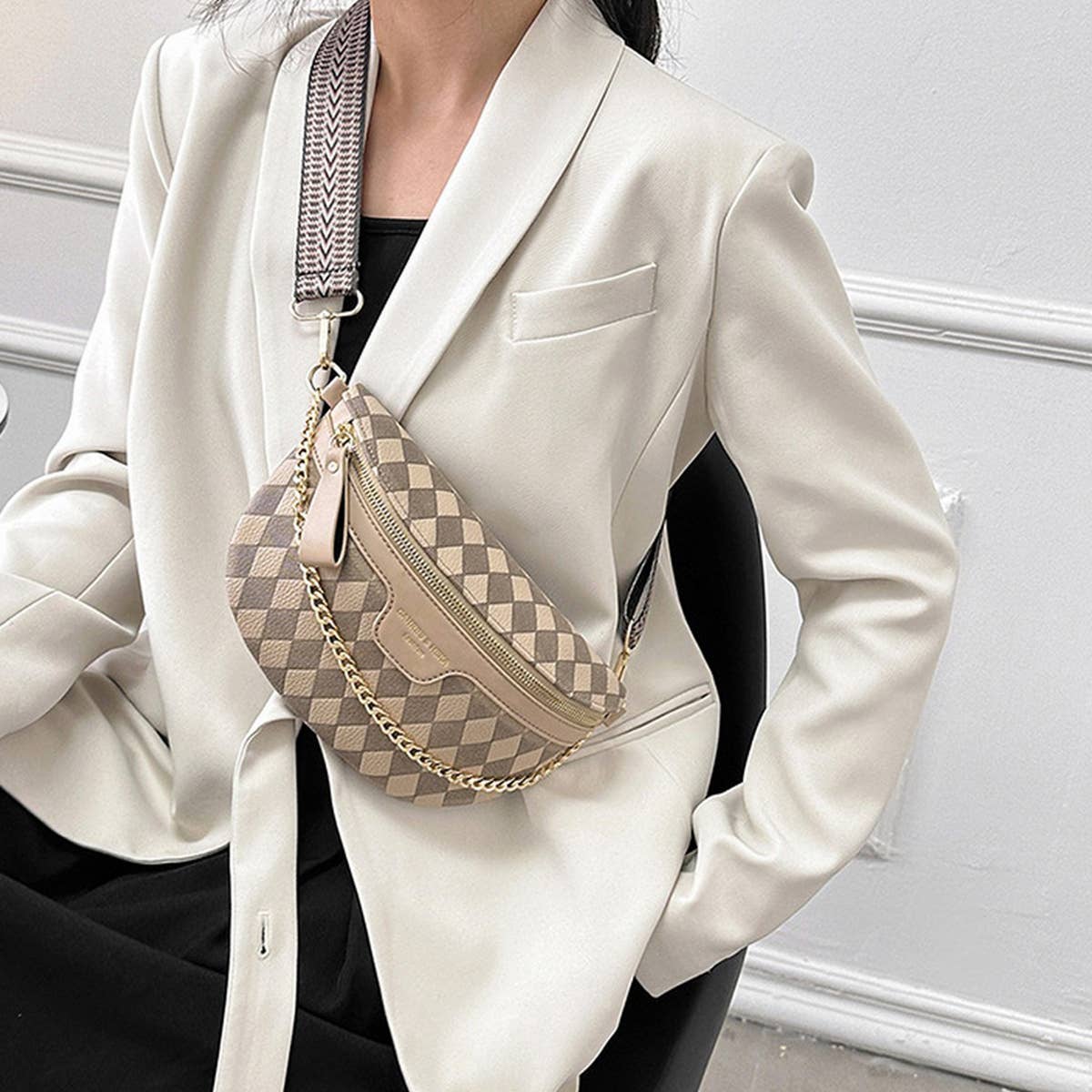 ACCITY - Checkered Chain Strap PU Crossbody Chest Bag_CUAB00597