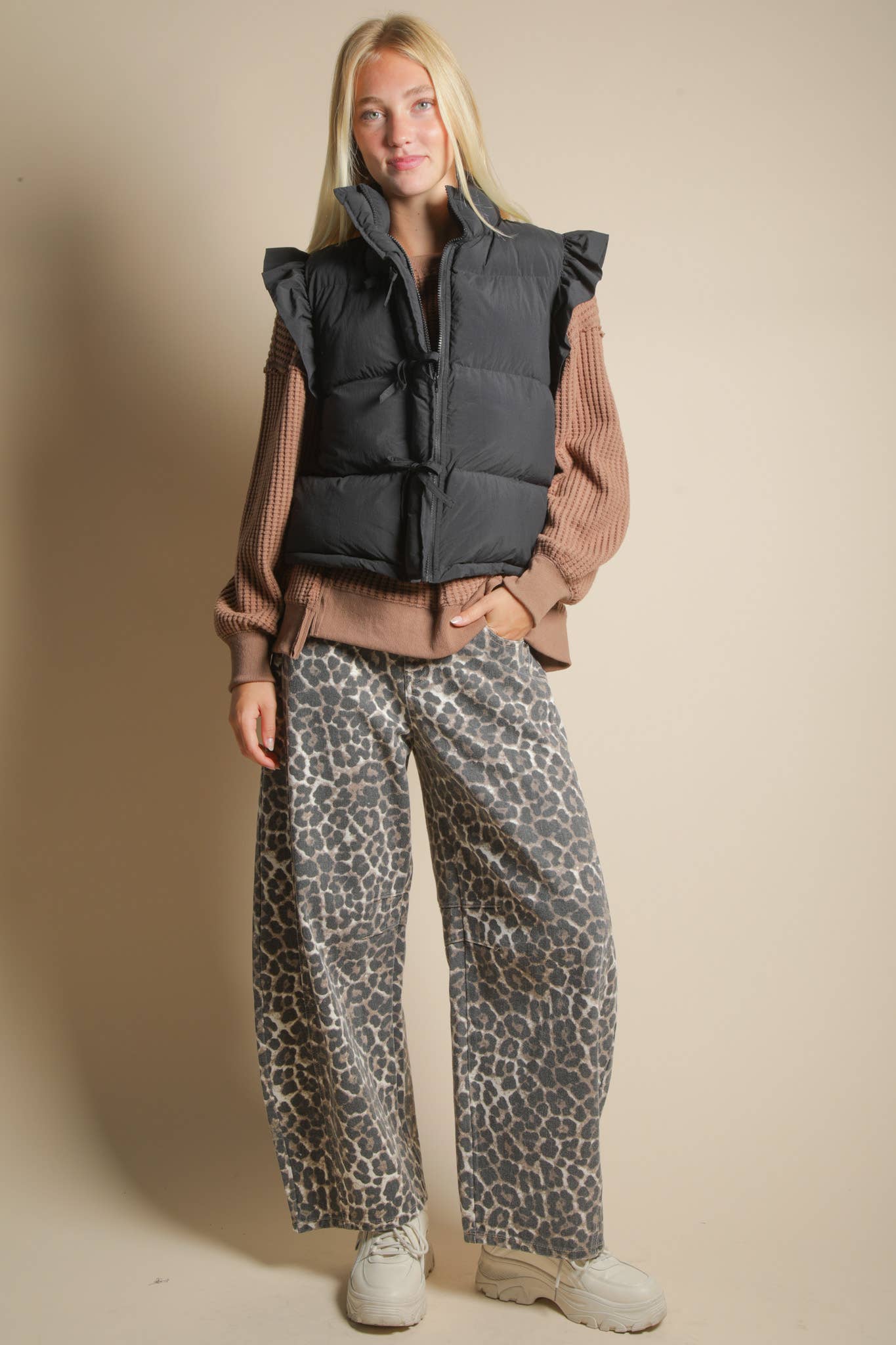 VERY J - NJ90385-Front Bow Ruffle Sleeve Puffer Vest