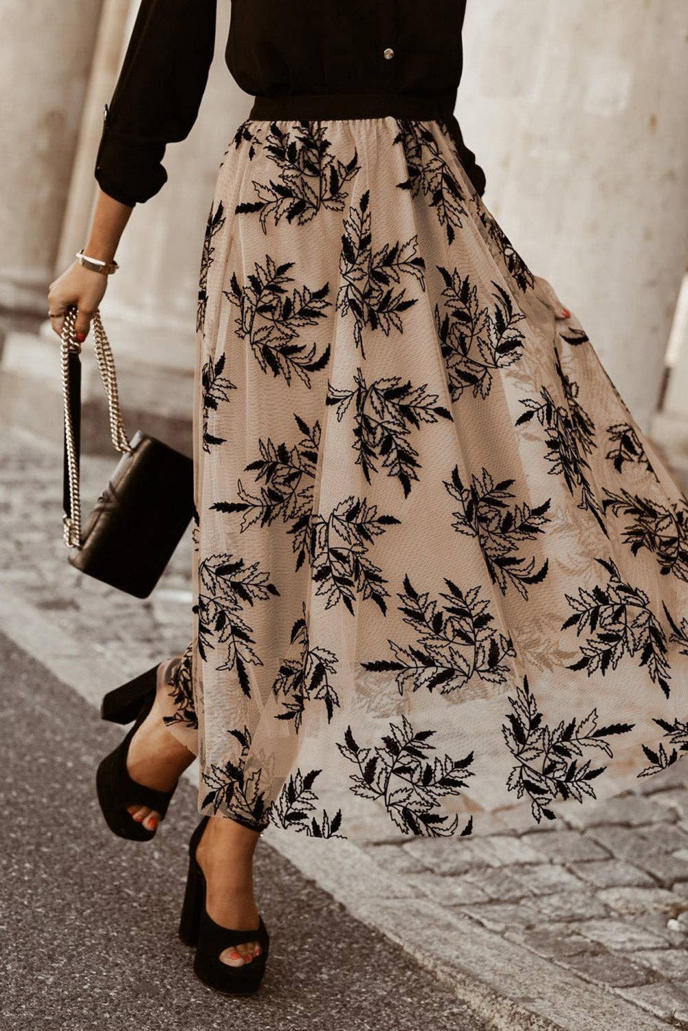 Lovesoft - Apricot Floral Leaves Embroidered High Waist Maxi Skirt