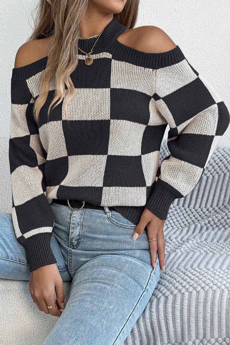 Mccolin - Chic Cutout Checkerboard Sweater