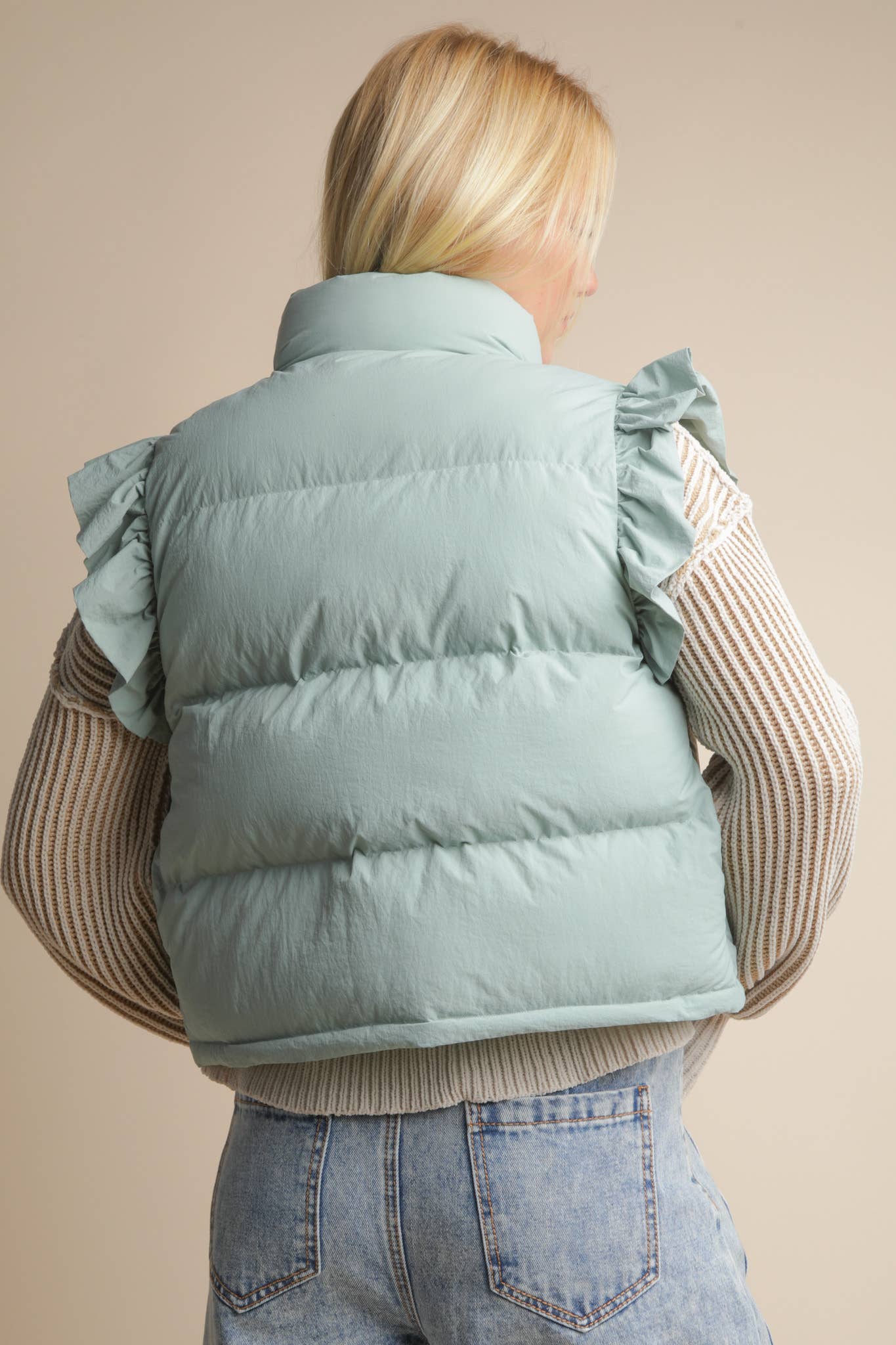 VERY J - NJ90385-Front Bow Ruffle Sleeve Puffer Vest