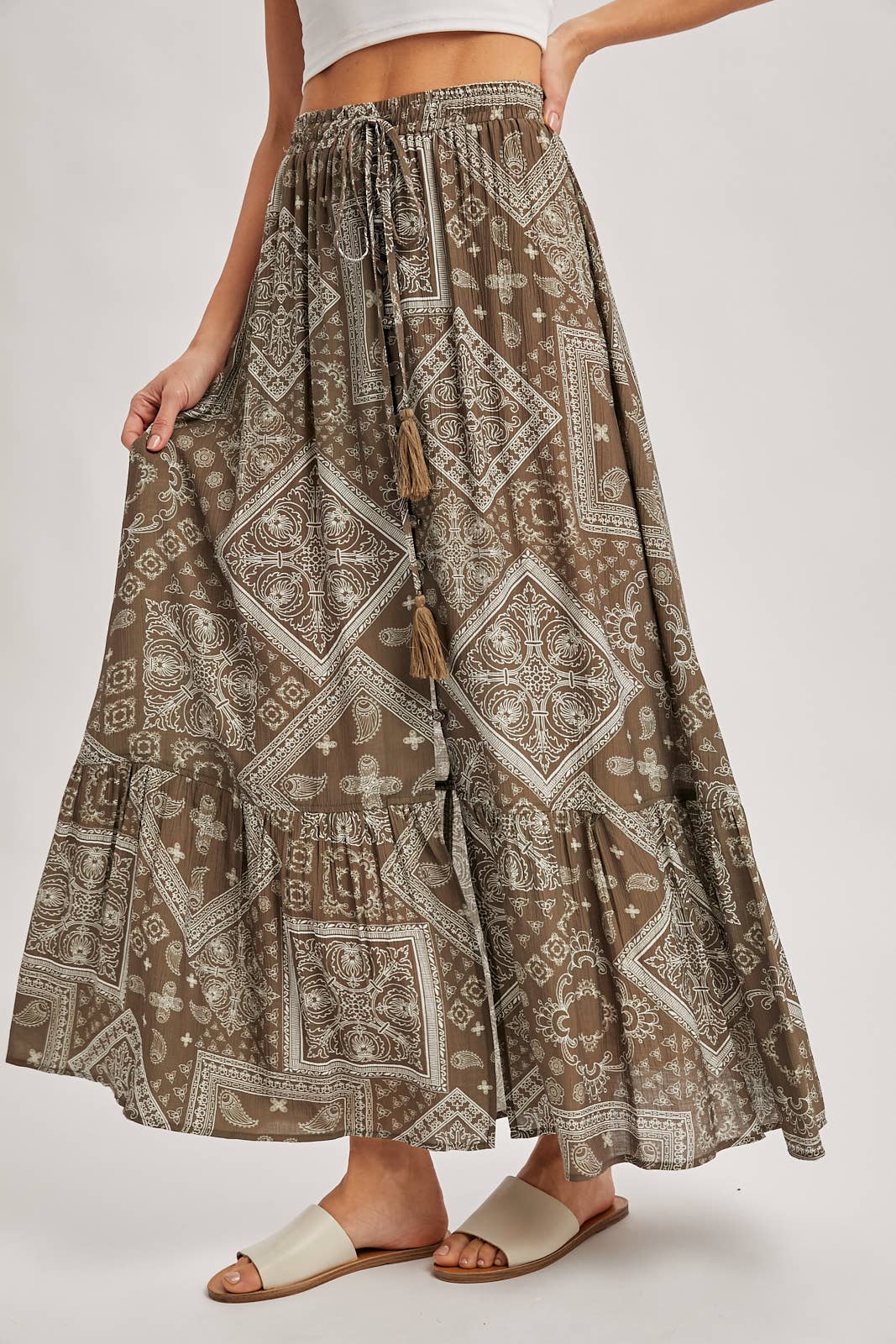 Bluivy - BOHO PRINT TIERED BUTTON DOWN FRONT MAXI SKIRT