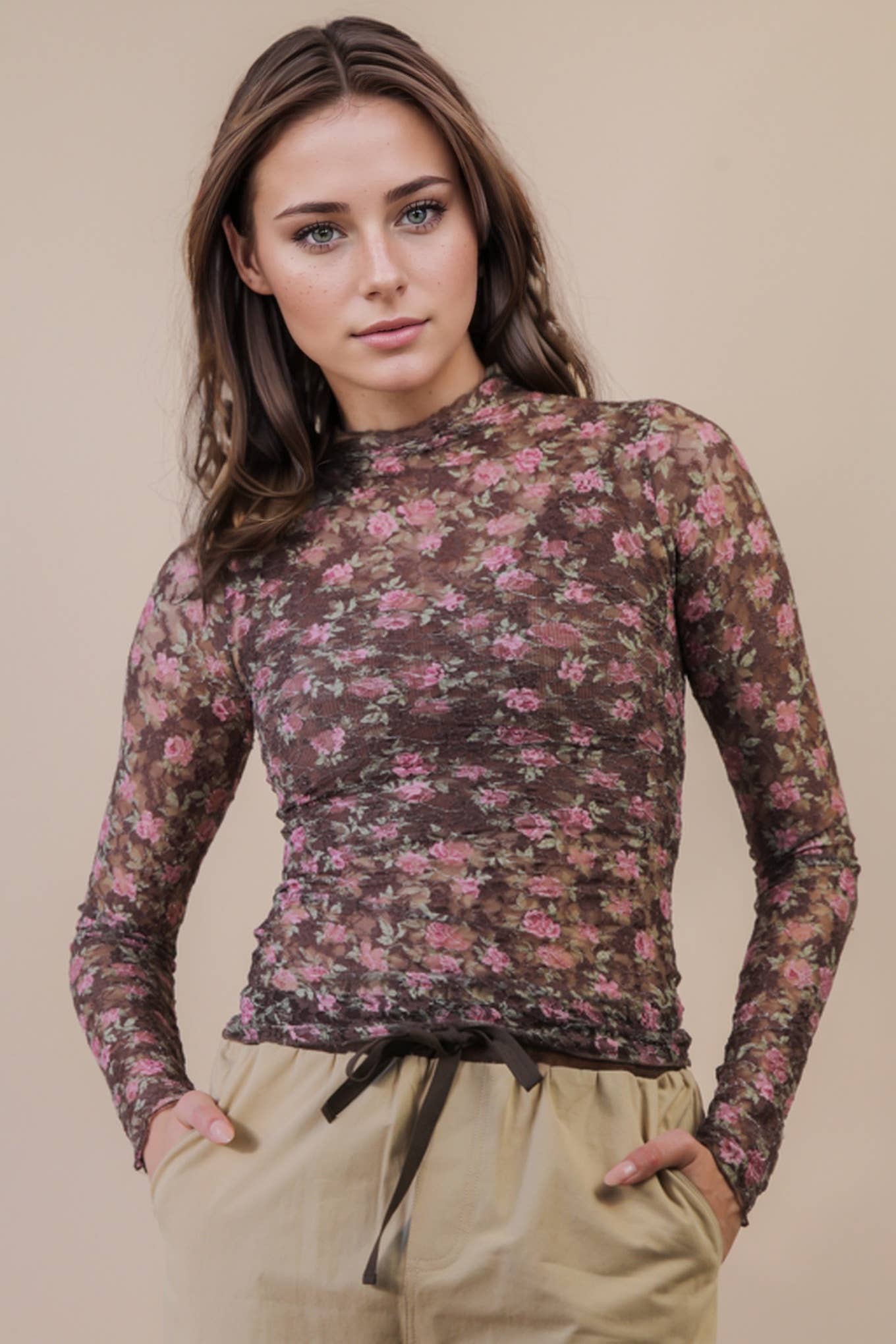 VERY J - NT12220-High Neck Fitted Sheer Mesh Lace Knit Top