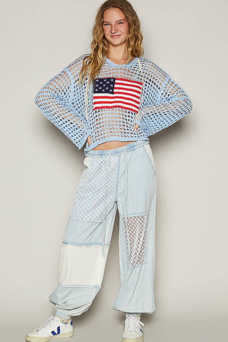 Long sleeve American flag hoodie thin sweater top SALE: SKY BLUE