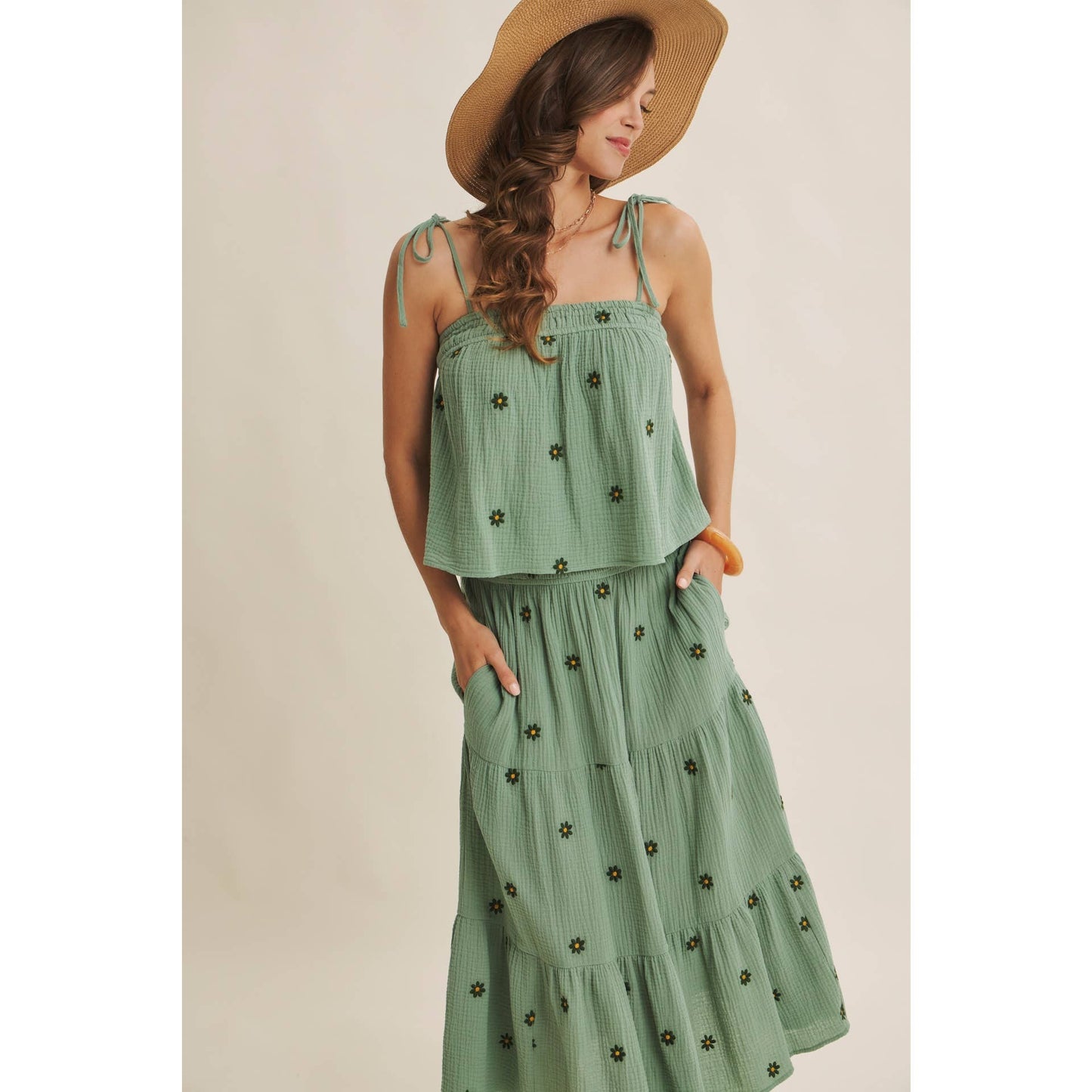 in february - SUNSET FIELD EMBROIDERED COTTON GAUZE SMOCKED MIDI SKIRTS