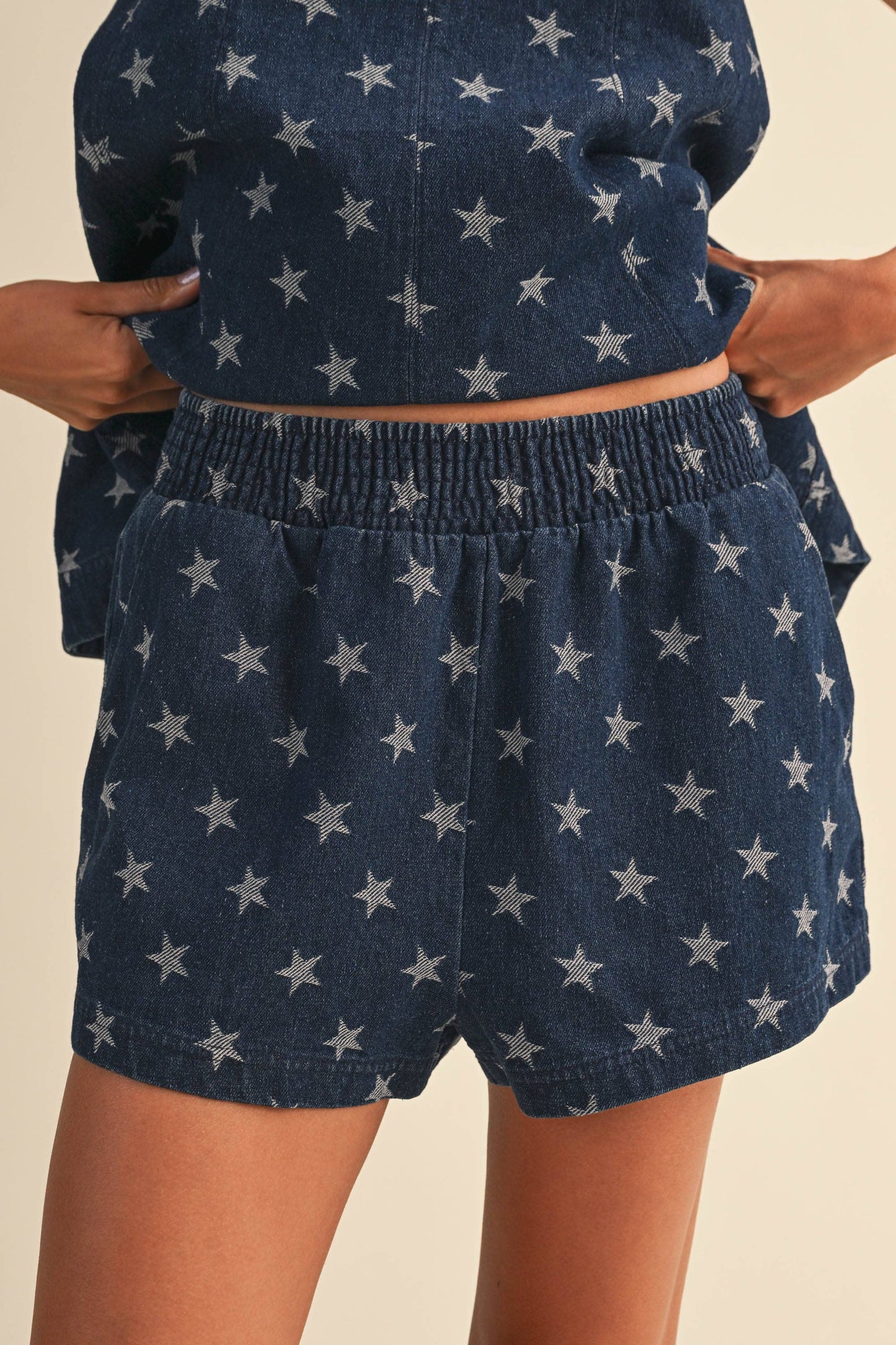 Klesis - IST6095-C STAR DENIM TRAPEZ SLEEVELESS TOP AND SHORTS