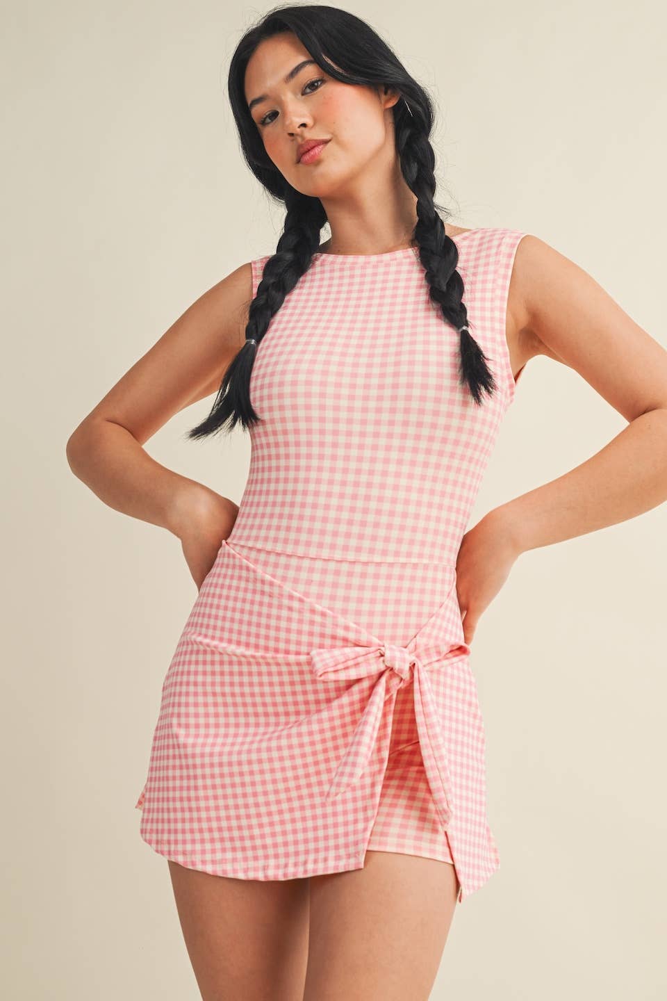 KIMBERLY C - Gingham Print Sleeveless Wrap Tie Front Dress : Black Gingham / L
