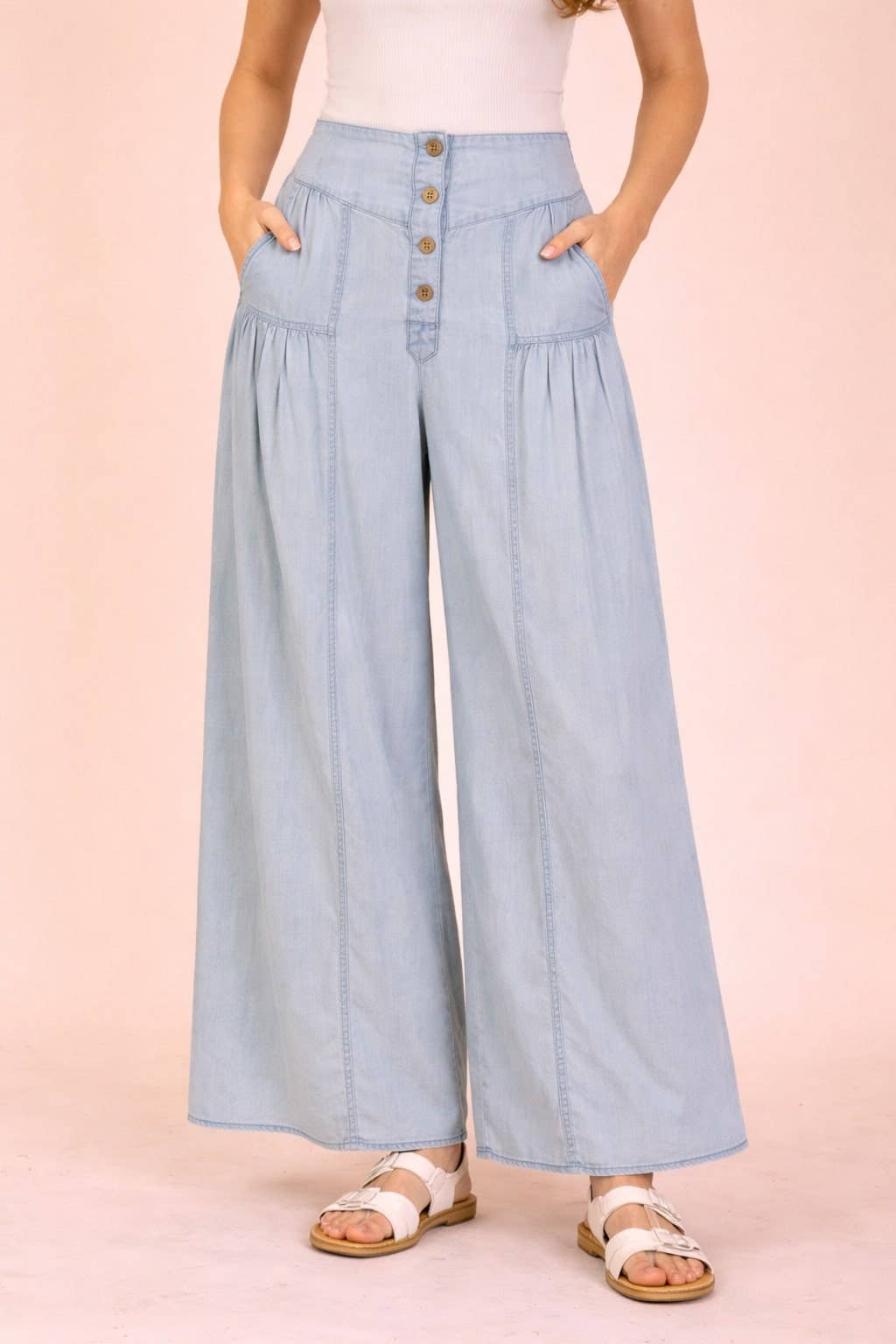 VERY J - NP70935X-PLUS SIZE Mineral Washed Chambray Wide Pants