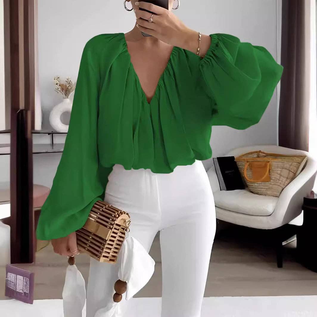 Printed V-Neck Long Sleeve Shirt Elegant Women's Loose Solid: Yellow / XL
