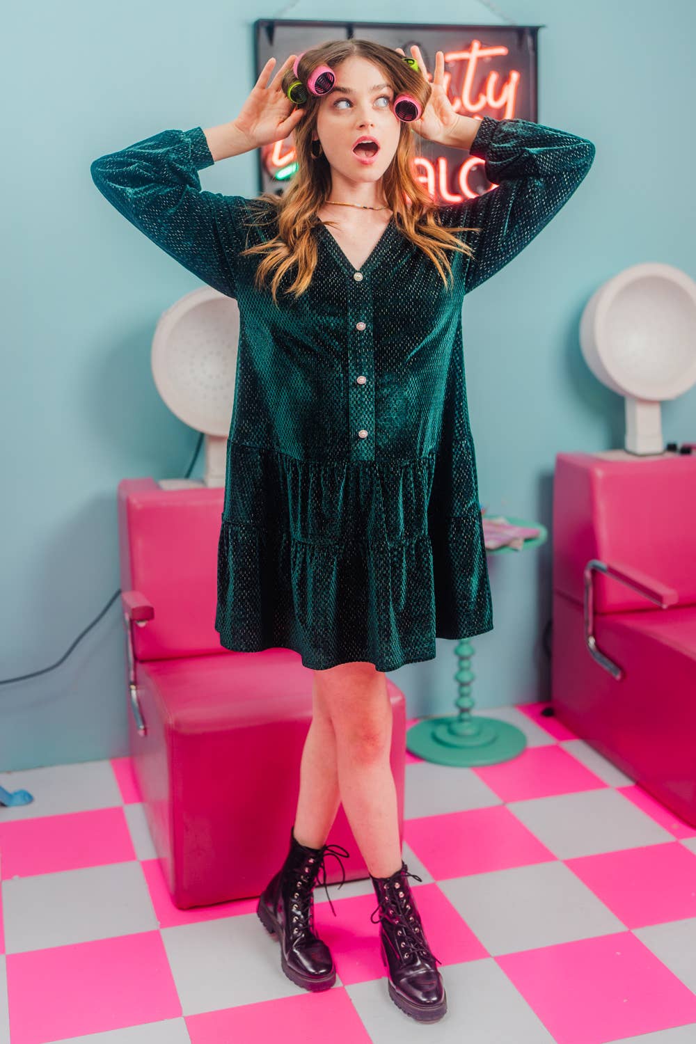 VERY J - ND31003-Tiered Textured Woven Holiday Velvet Mini Dress